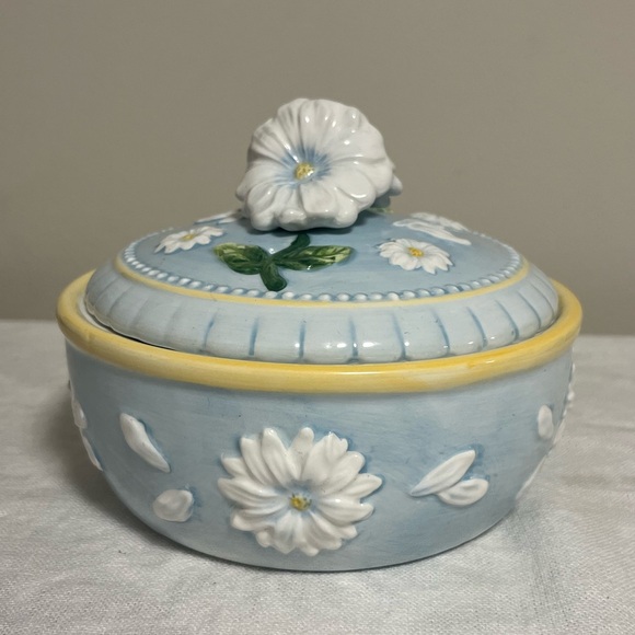 90s Casa Bella for GANZ Daisy Candy Dish, Blue Ceramic Lidded Bowl Set - Picture 10 of 10